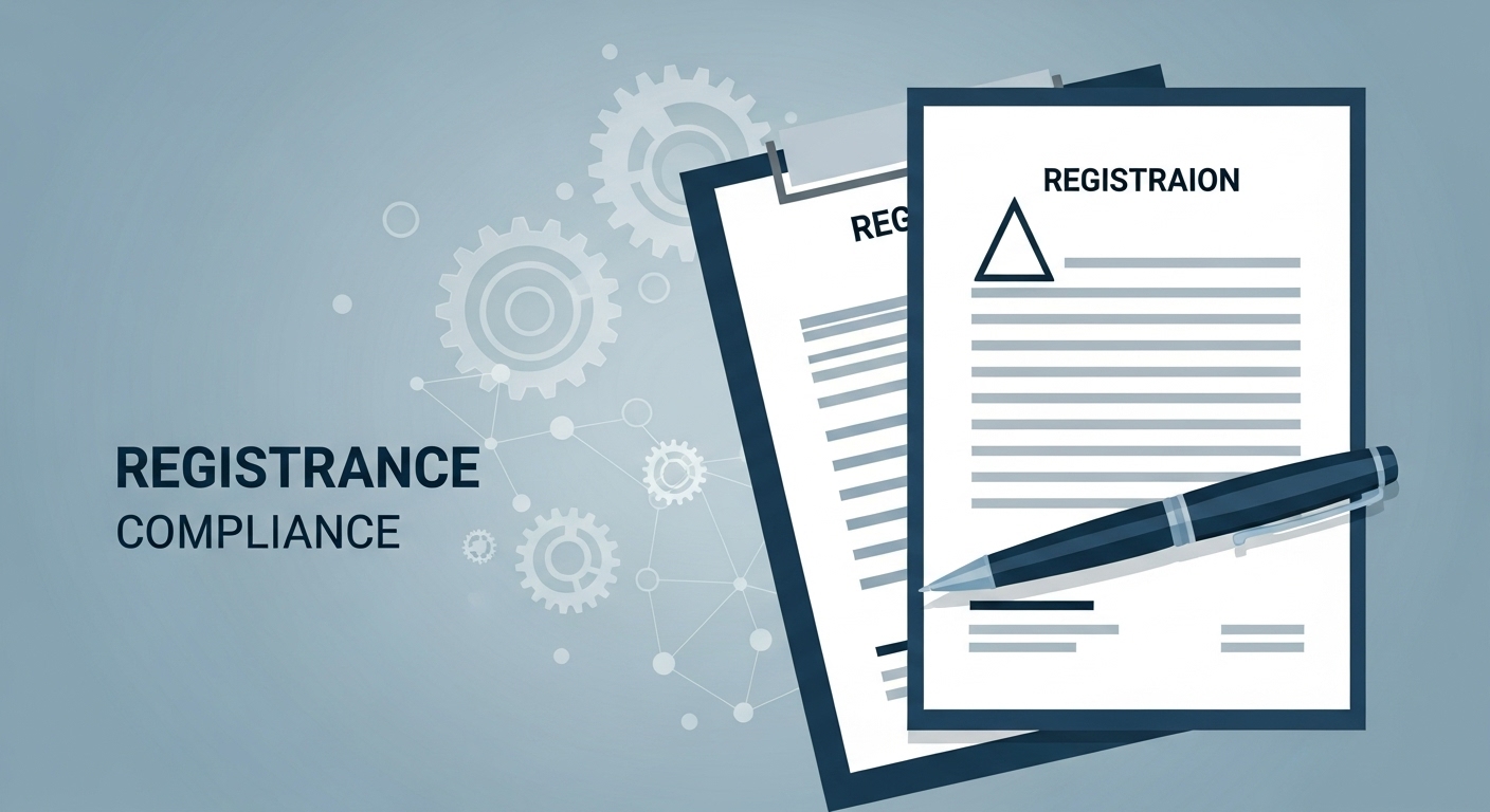 법적 등록 서류와 펜, 그리고 복잡하게 얽힌 산업 구조를 상징하는 그래픽. 대중문화예술기획업 등록의 중요성을 시각적으로 표현.