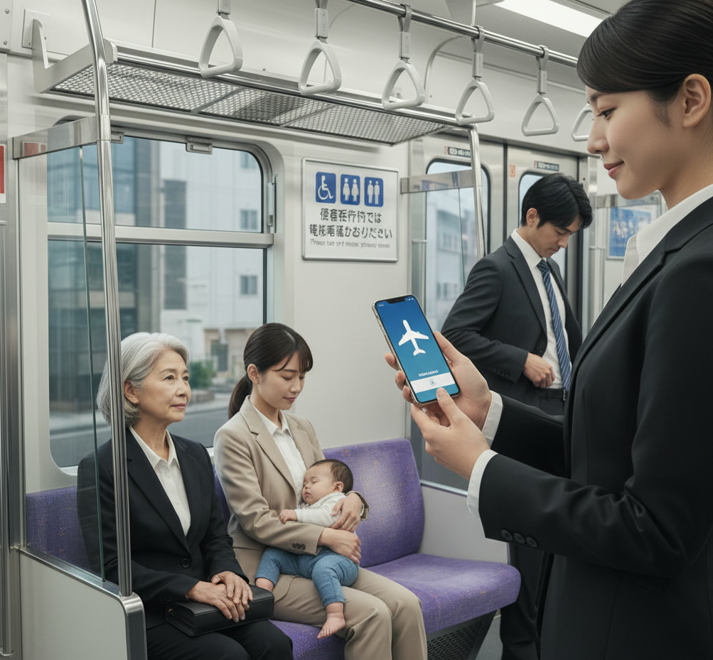 도쿄 지하철 우선석 근처에서 승객들이 조용히 앉아 있는 모습. 한 승객은 휴대전화를 손에 들고 있지만 통화하지 않고 사용 중이다.
