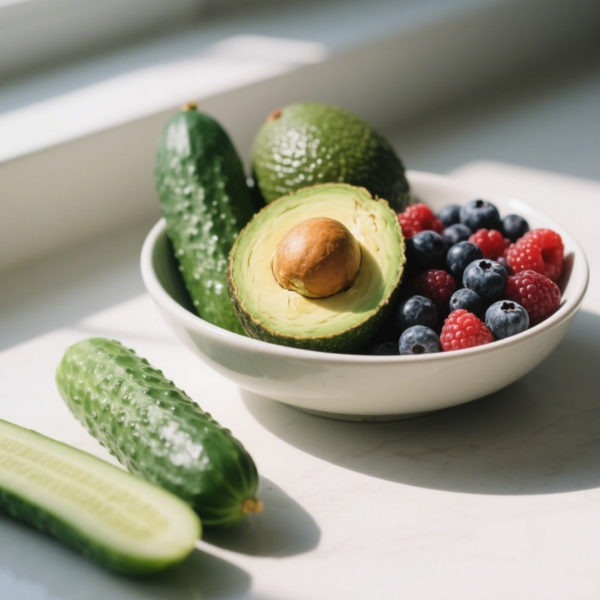 피부에 좋은 재료들인 오이,아보카도,베리류가 그릇에 담겨있는 모습
