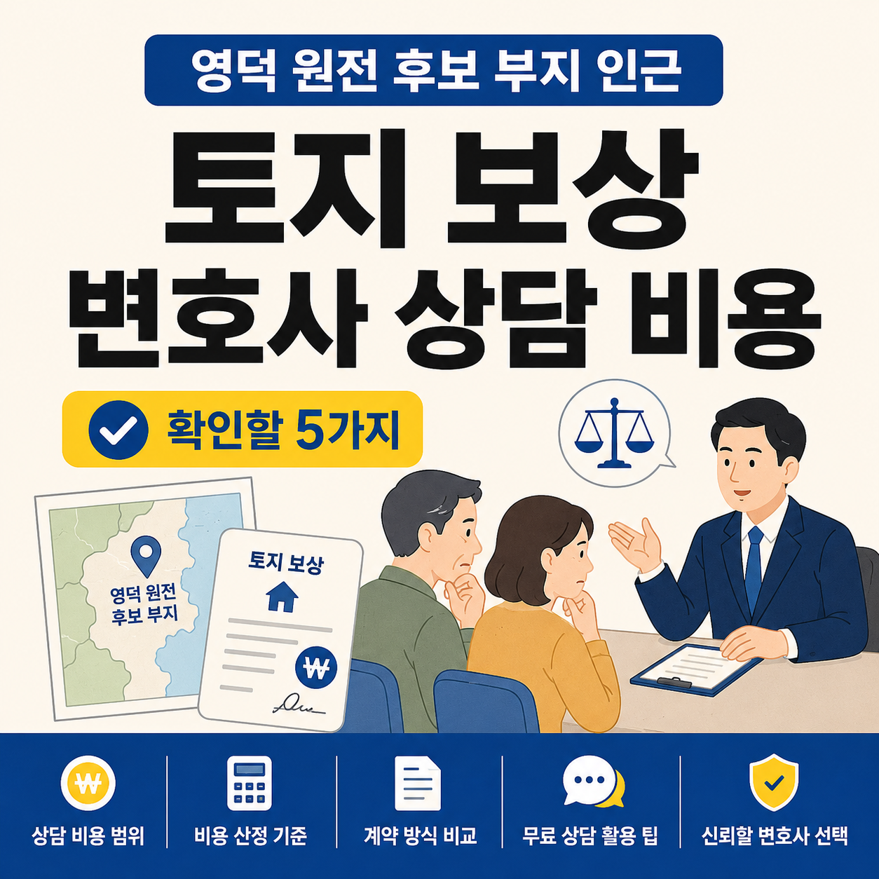 영덕 원전 후보 부지 인근 토지 보상 변호사 상담 비용을 안내하는 썸네일 이미지로, 토지 보상 서류와 지도, 상담 장면을 통해 확인할 5가지를 강조한 인포그래픽