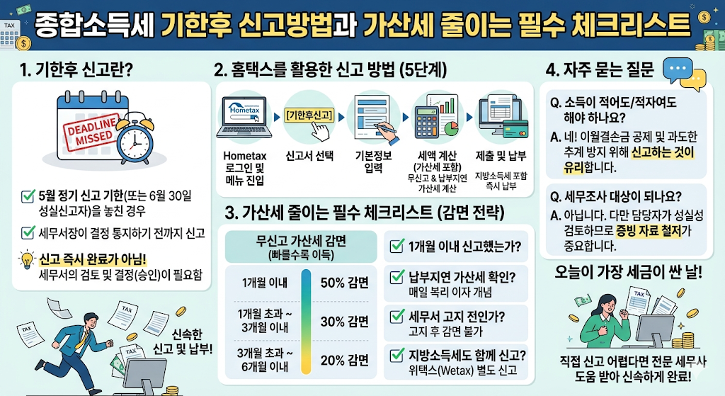 종합소득세 기한 후 신고 방법과 가산세를 줄이는 체크리스트를 한눈에 정리한 인포그래픽