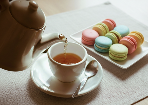 차포트로 차를 내리고 있다. 찻잔 옆에는 마카롱이 담긴 접시가 보인다.