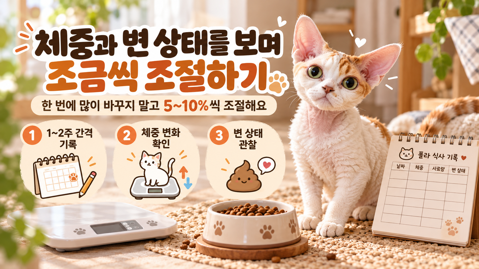 고양이 체중 변화와 변 상태를 확인하며 사료 급여량을 조절하는 방법