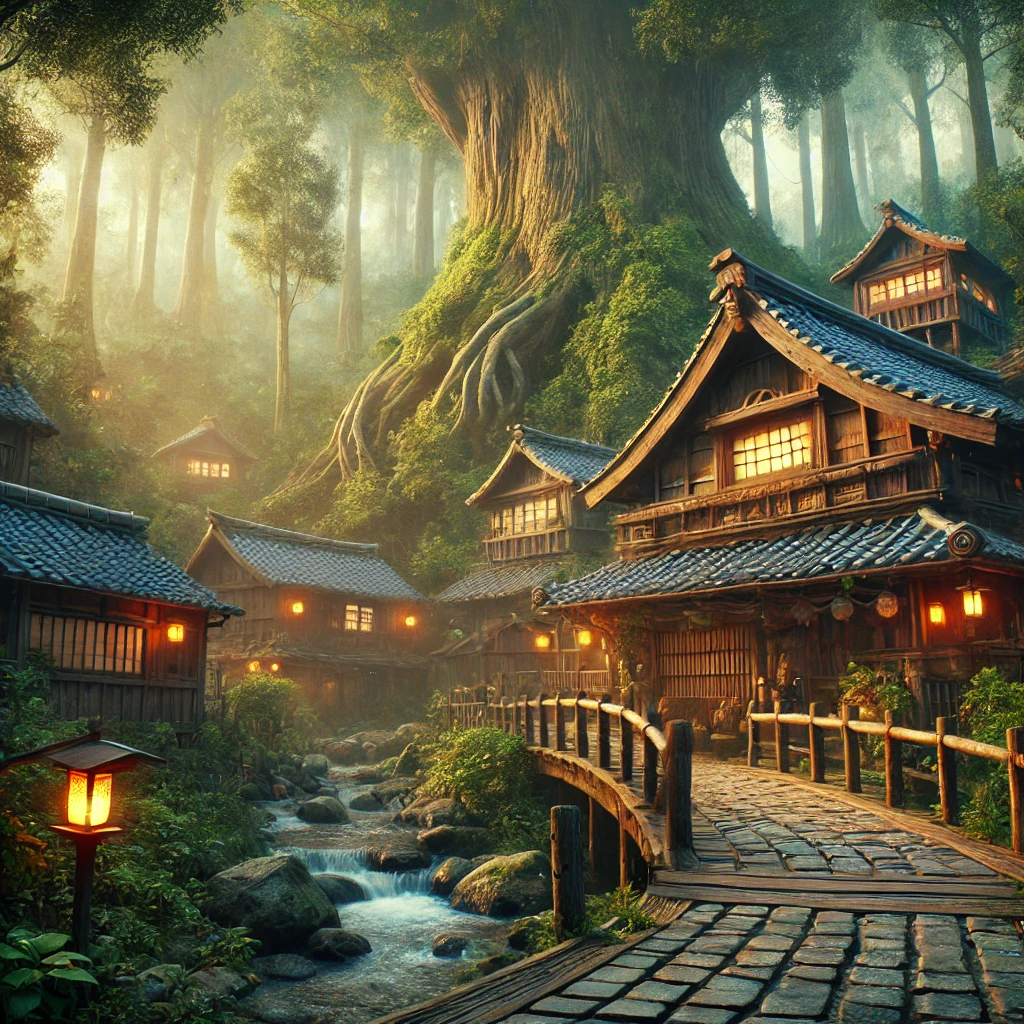 토속적인 일본풍 마을과 신비한 숲속 분위기를 담은 이미지