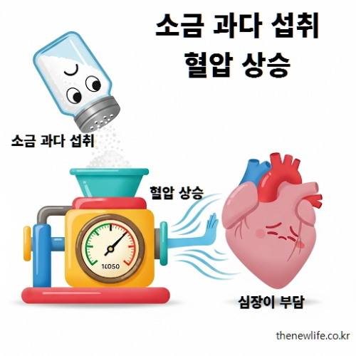 소금을 많이 먹으면 나트륨 농도가 높아져 혈액량이 증가하고, 결국 혈압 상승으로 이어져 심장에 부담을 주는 과정을 보여주는 이미지