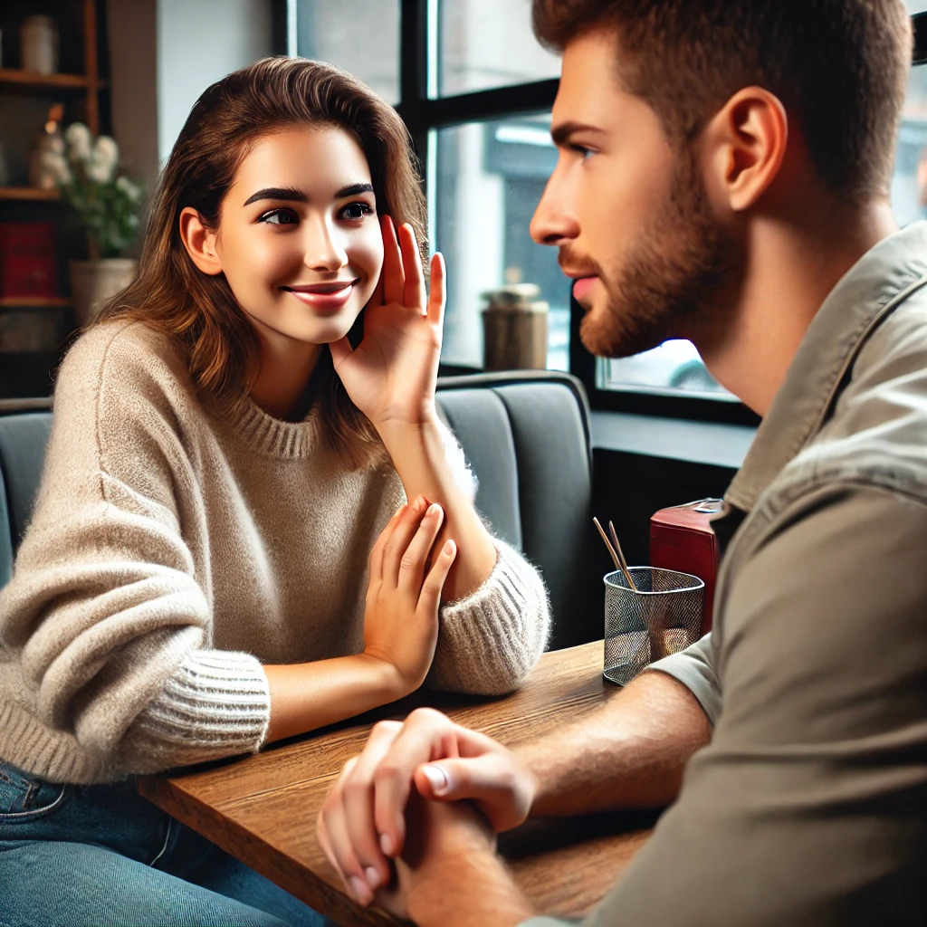 한 여성이 상대의 말을 경청하며 미소를 짓는 장면