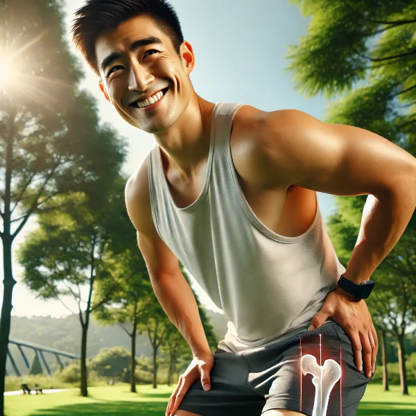 골반 안정성을 높이기 위해 야외에서 운동하는 동양인 남성
