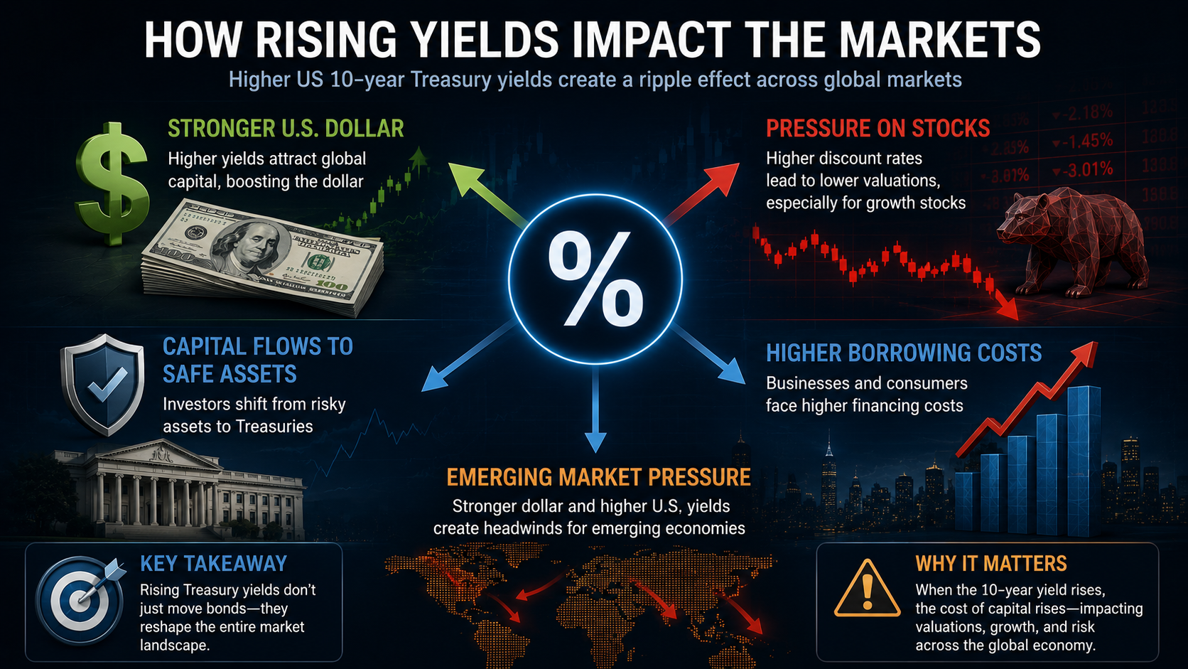 Impact of rising US Treasury yields on stocks, borrowing costs, capital flows, and global markets