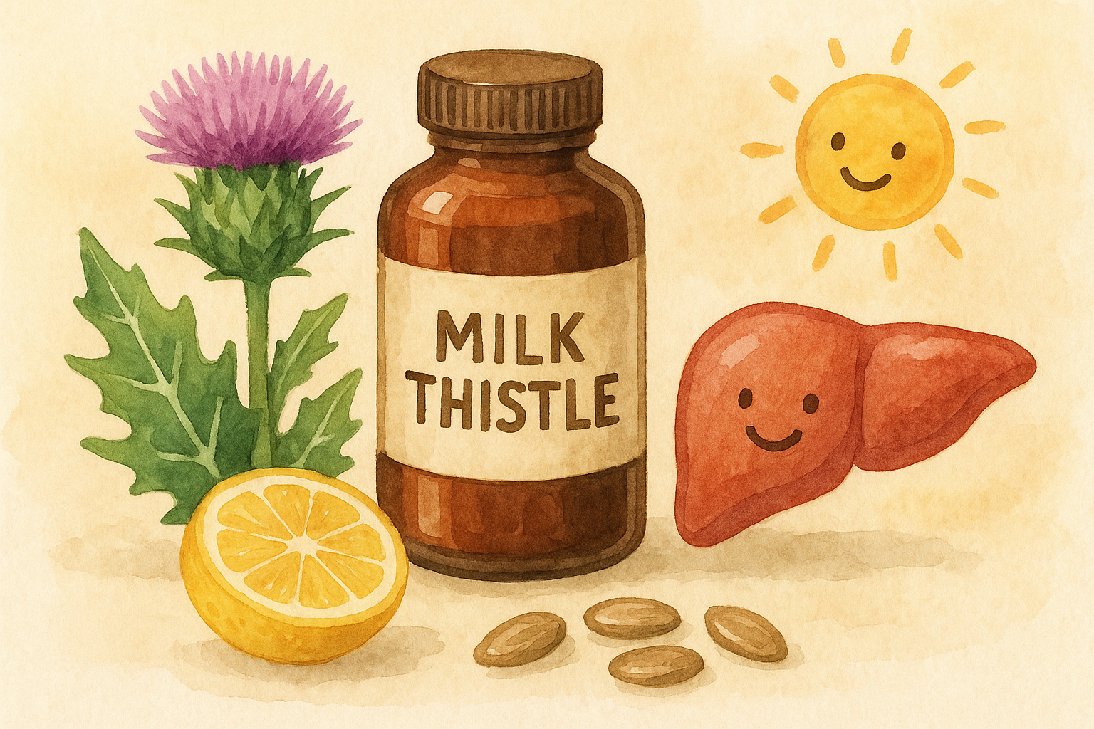 밀크시슬 주 원료인 보랏빛 꽃, 레몬이 있다.