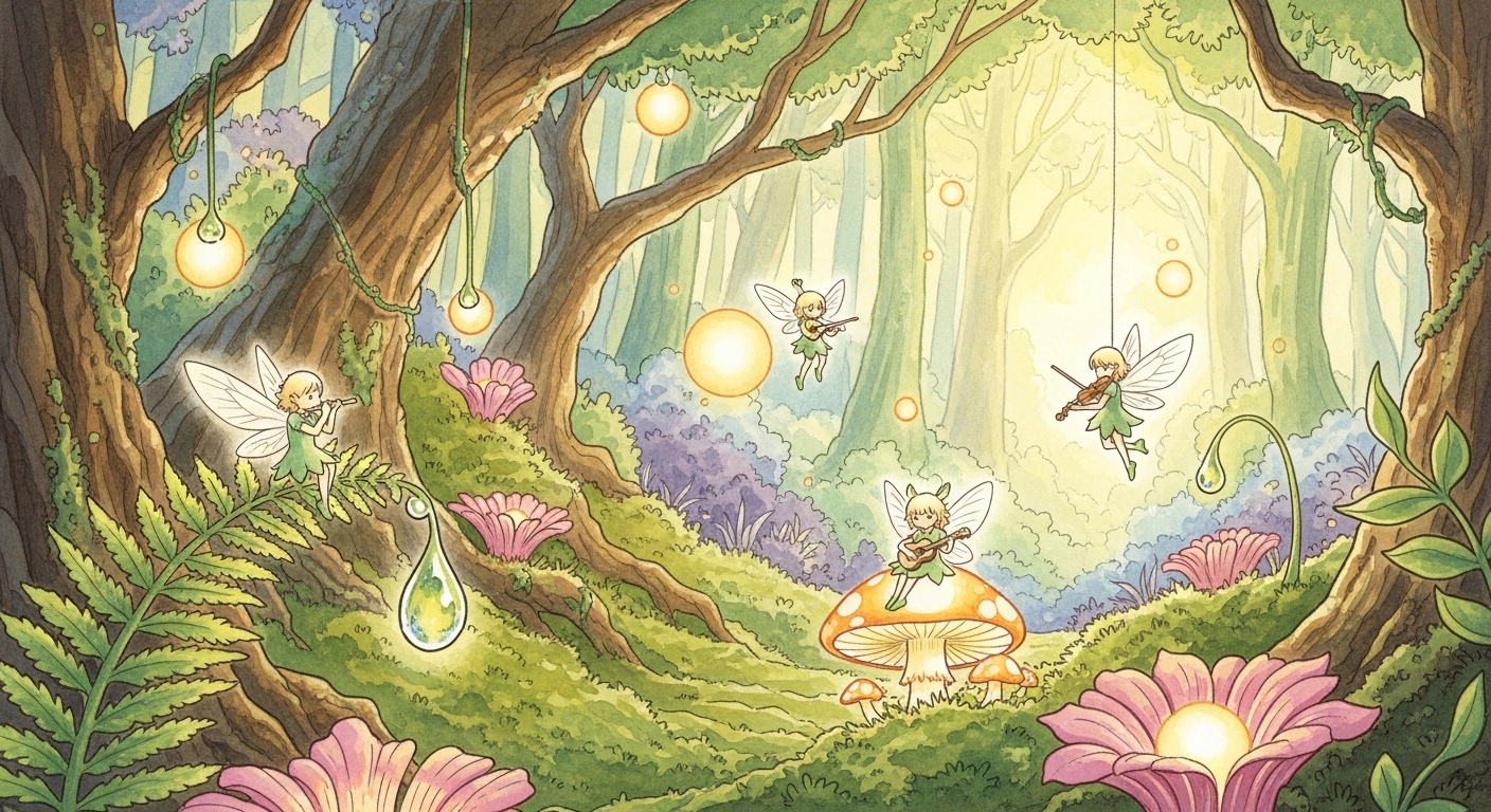 아름다운 숲에서 악기를 연주하며 노래하는 요정들의 모습, 요정들의 멜로디를 상징하는 신비로운 분위기