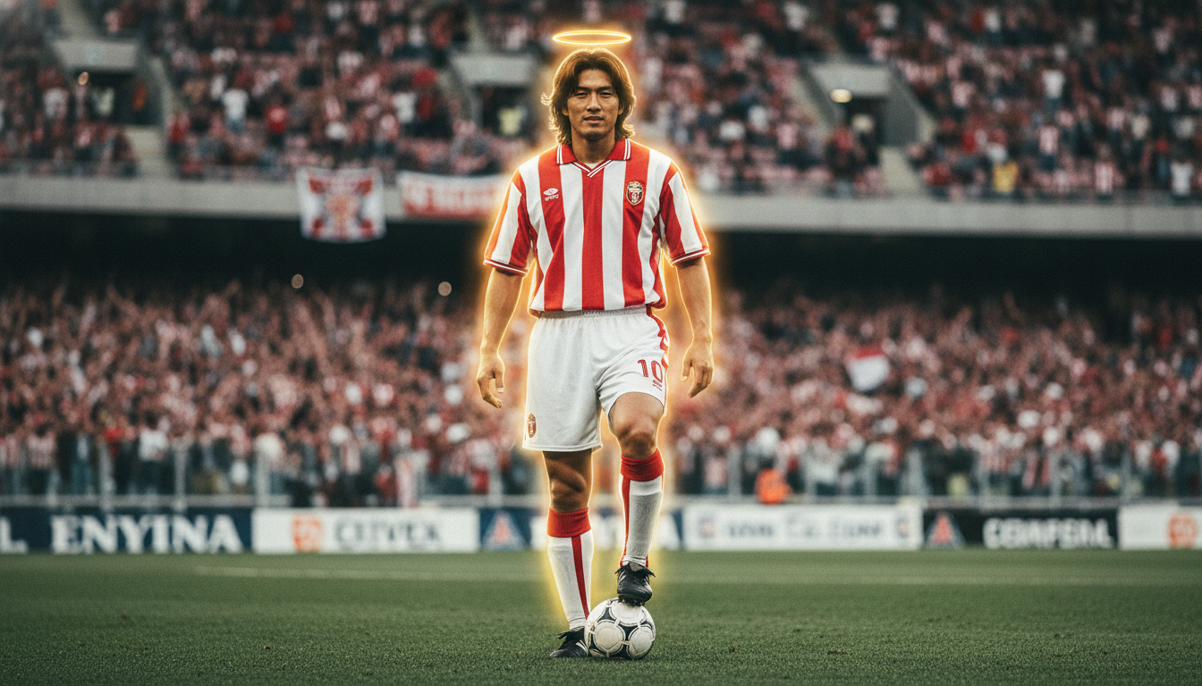 2000년대 초반 AC 페루자 유니폼을 입고 카리스마 넘치는 표정으로 서 있는 안정환 선수, 이탈리아 리그 도전기의 영웅적인 모습.