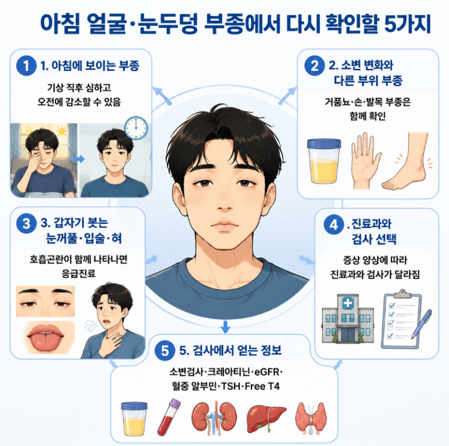 아침 얼굴&middot;눈두덩 부종에서 다시 확인할 5가지 핵심 사항 요약 인포그래픽