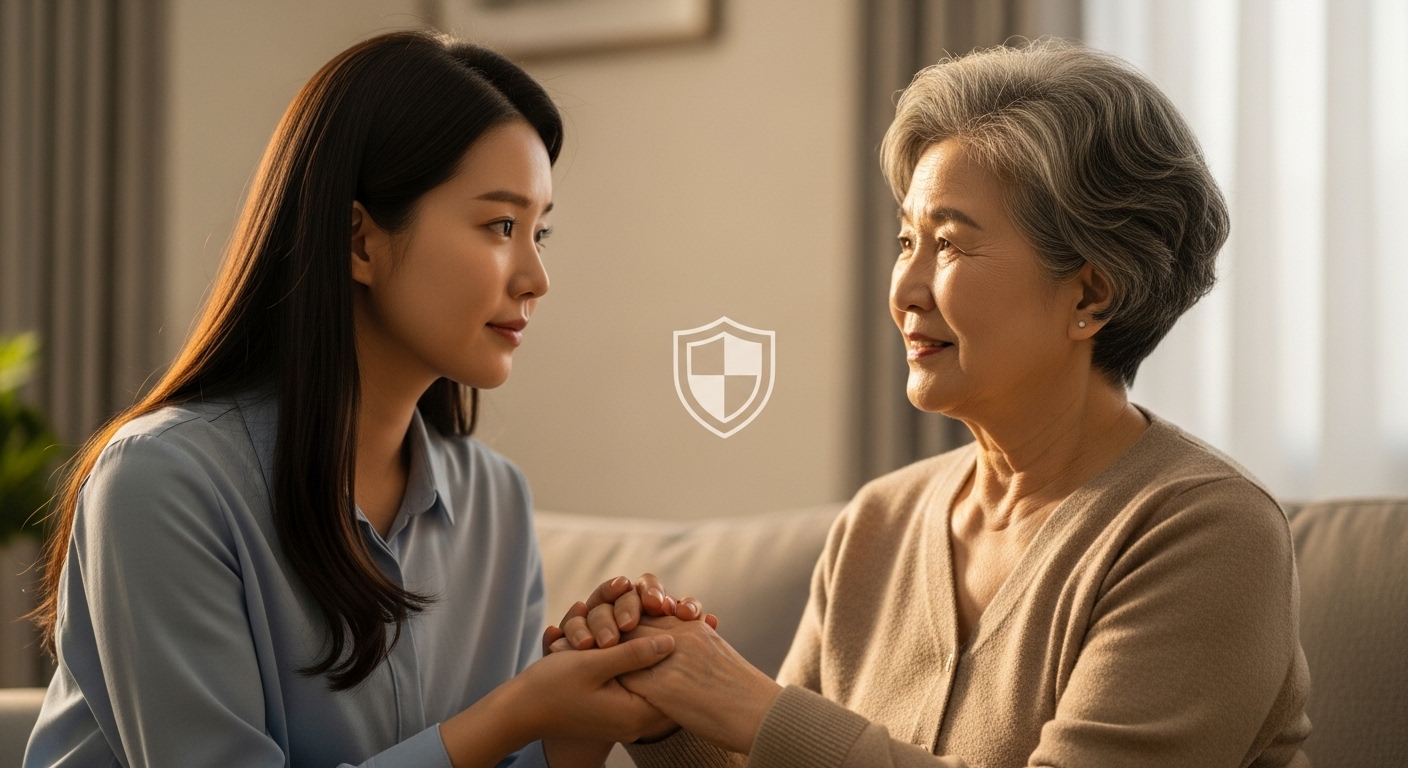 유방암 가족력 상담 - 30대 딸과 어머니가 소파에서 손을 맞잡고 따뜻하게 대화하는 모습, 보호를 상징하는 방패 아이콘