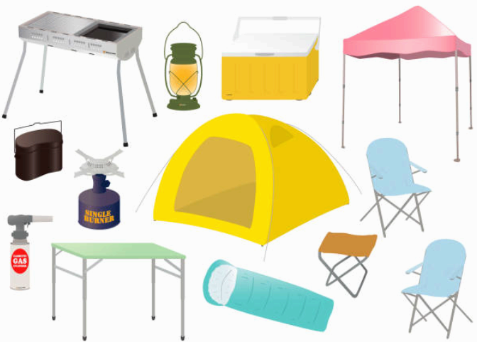 돔형 텐트, 침낭, 코펠, LED 랜턴, 캠핑 의자 &amp; 테이블 이미지 모음