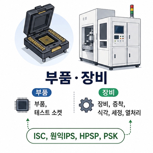 테스트 소켓과 반도체 제조 장비를 함께 배치해 부품과 증착, 식각, 세정, 열처리 장비의 차이를 보여 주는 그림