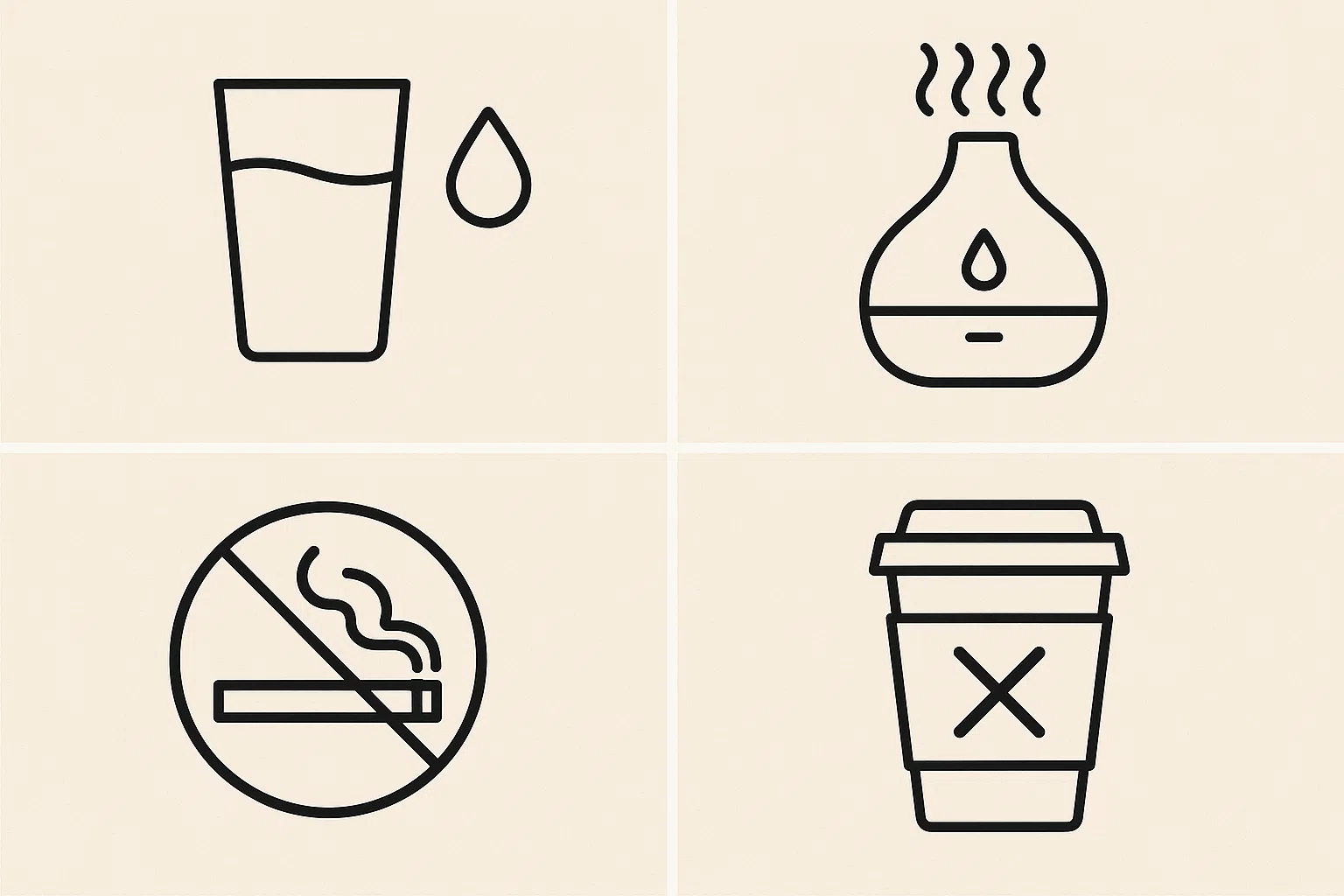 물 자주 마시기, 수면 중 가습기 켜놓기, 금연 아이콘, 커피 컵에 ‘X’ 표시