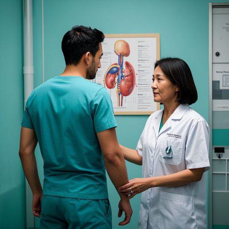 의료진이 환자의 왼쪽 옆구리 부위를 검진하고 있는 모습과 함께, 신장, 비장 등 관련 장기들의 해부학적 위치를 보여주는 의료용 차트가 배경에 있는 전문적이고 신뢰감 있는 병원 진료실 장면.