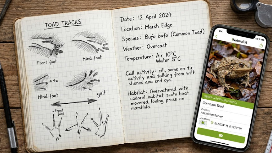 현장에서 수집한 두꺼비 관찰 데이터와 스마트폰 기록 앱 활용 모습