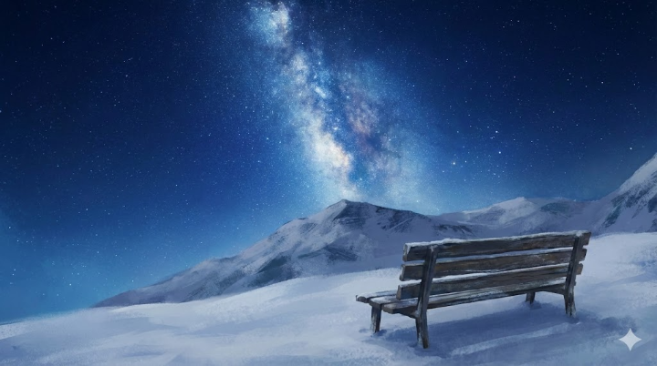 짙푸른 밤하늘을 배경으로 눈 덮인 산의 능선이 희미하게 보이고, 그 위로 쏟아질 듯한 은하수가 흐르는 몽환적인 일러스트. 하단에는 낡은 벤치 하나가 놓여 있어 쓸쓸하면서도 따뜻한 여운을 주는 이미지.