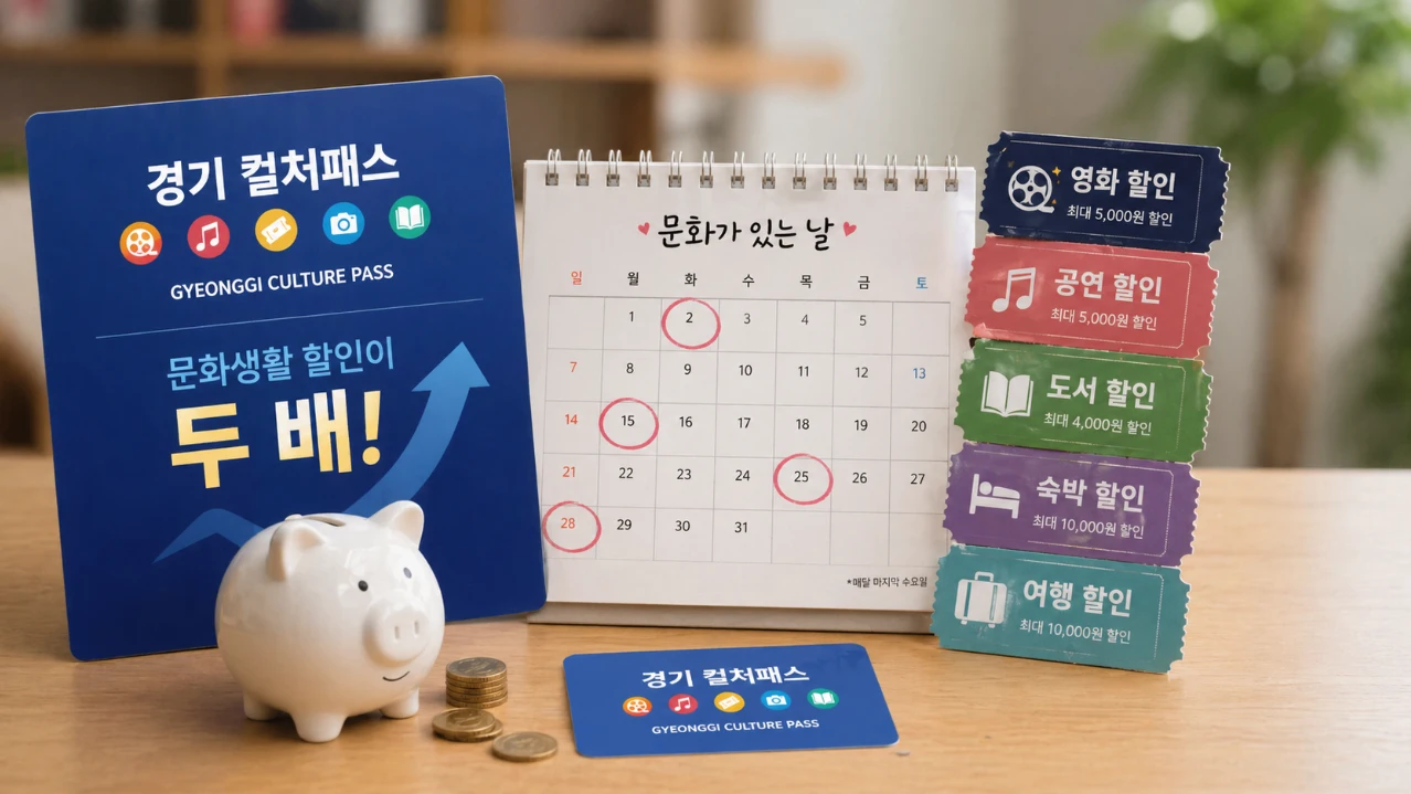 경기 컬처패스 쿠폰과 문화가 있는 날 달력이 쌓여있는 모습으로, 문화생활 할인이 두 배가 되는 것을 시각적으로 표현한 이미지