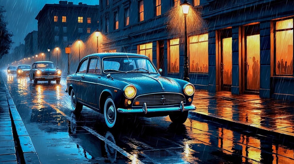 비오는 저녁에 차가 지나가는 모습