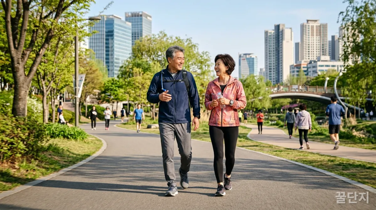 중년 한국인 부부가 도시 공원에서 활기차게 걷기 운동을 하는 모습