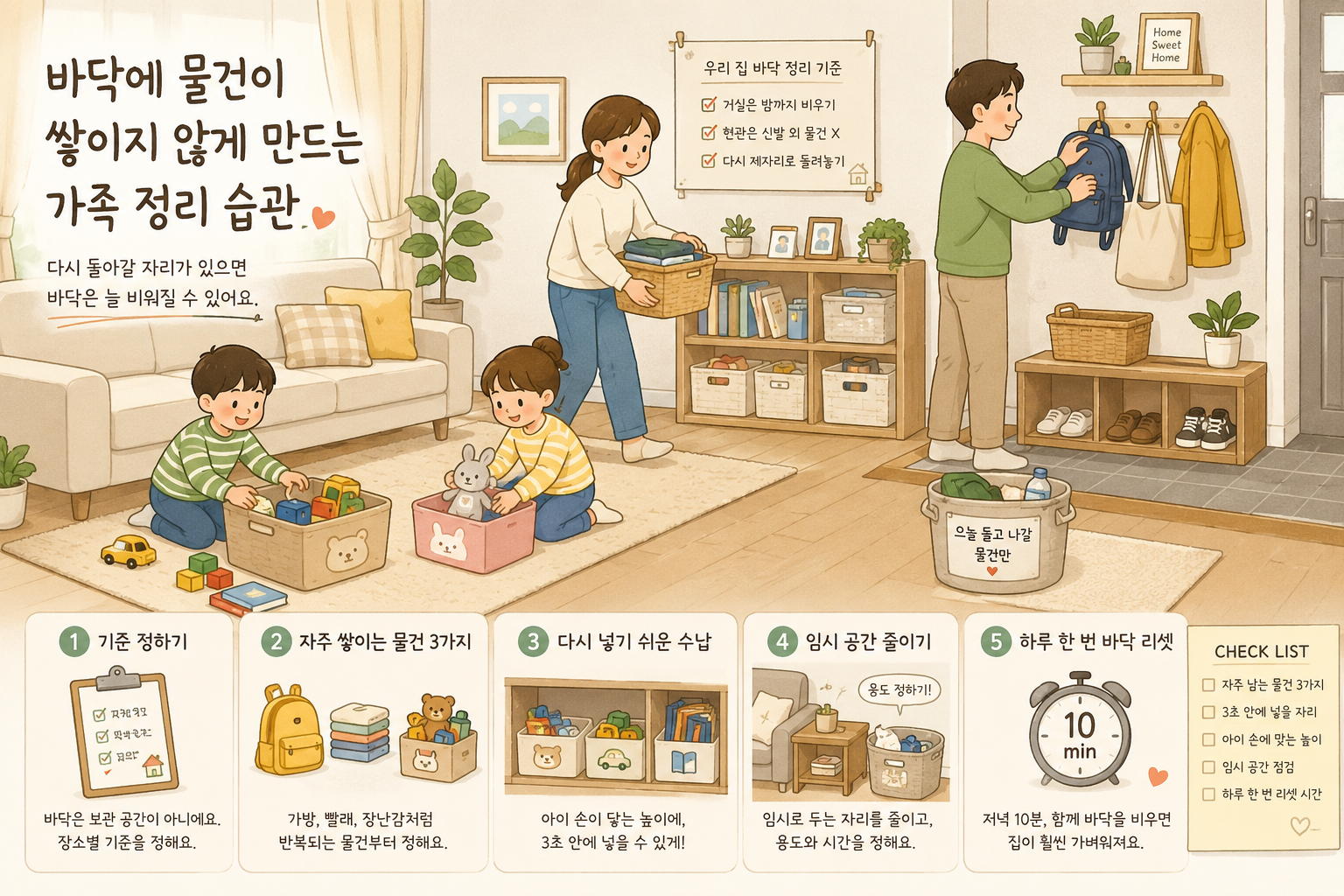 바닥에 물건이 쌓이지 않게 만드는 가족 정리 습관