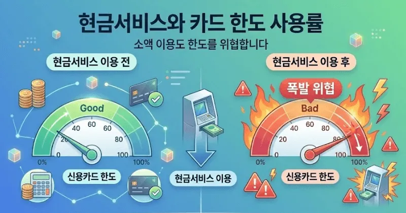 신용점수 하락이유: 현금서비스 이용 전후 신용카드 한도 사용률 변화를 비교하는 인포그래픽입니다. '현금서비스 이용 전'은 녹색 'Good' 상태의 게이지와 돈, 계산기 아이콘으로 평화로운 저사용 상태를 보여줍니다. '현금서비스 이용 후'는 적색 'Bad' 상태의 게이지가 100%를 초과하며 화염과 경고 아이콘으로 '폭발 위험'을 시각화합니다. '소액 이용도 한도를 위협합니다'라는 메시지와 함께 현금서비스가 한도 사용률을 위험 수준으로 급등시킨다는 것을 명확히 경고합니다.