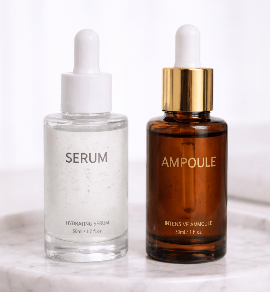 화장대 위에 나란히 놓인 세럼과 앰플 병 이미지