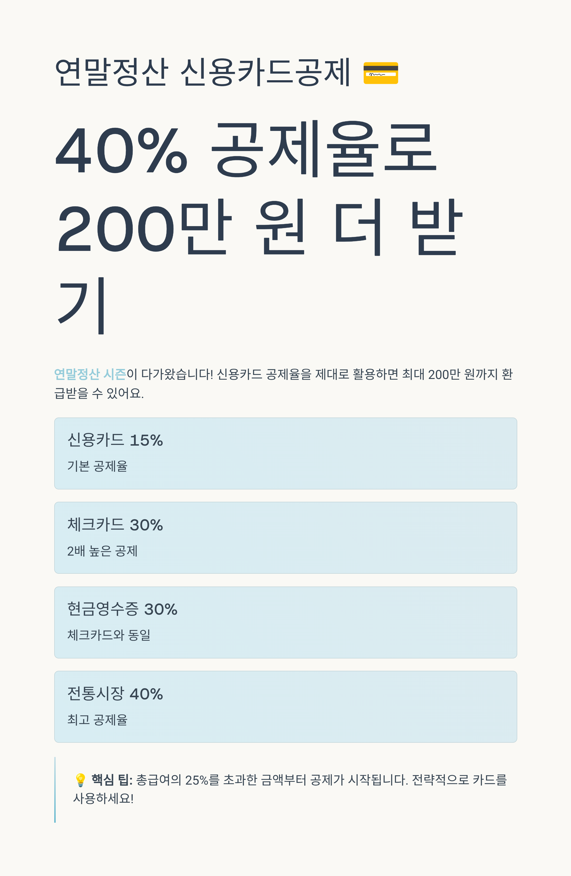 연말정산 신용카드공제 계산법, 40% 공제율로 200만 원 더 받는 비법!