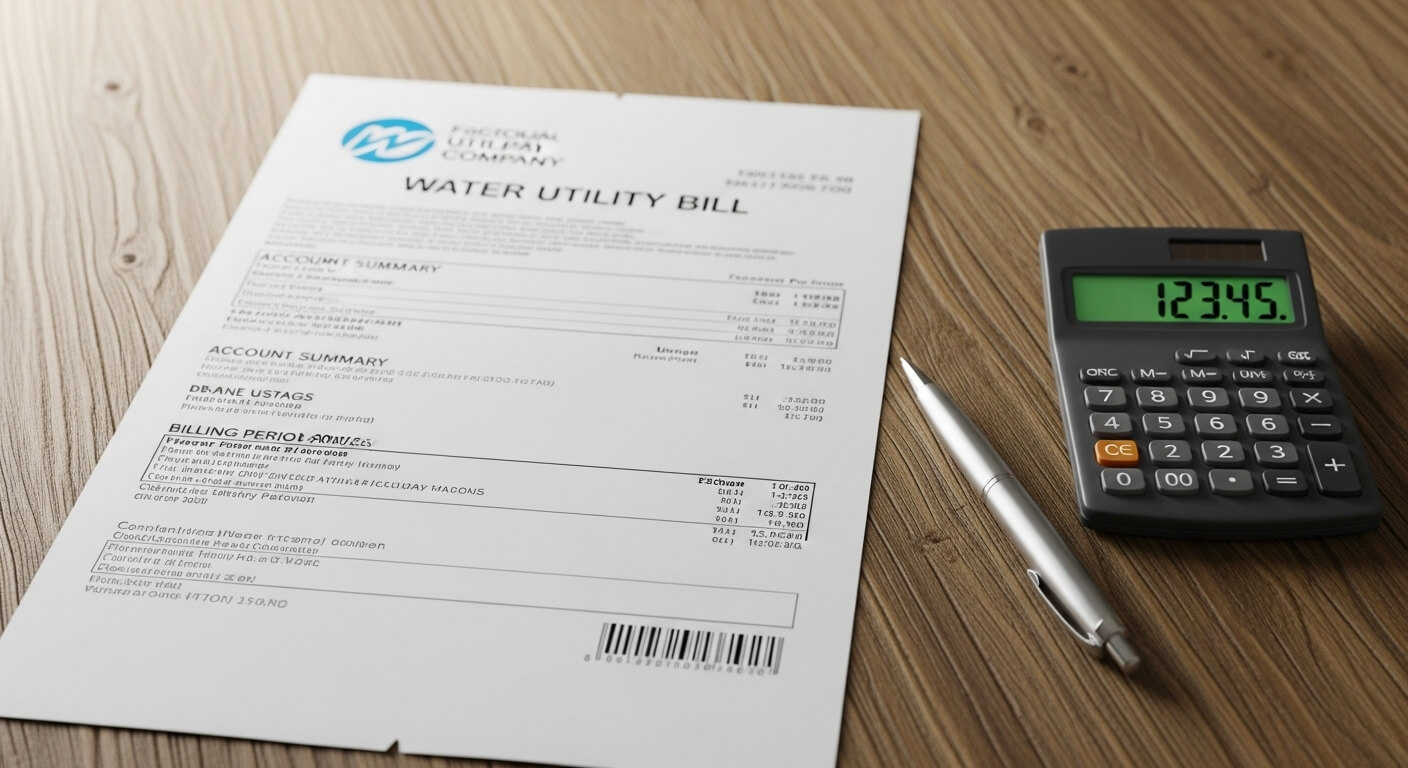 영문 수도요금 고지서, 계산기, 펜이 놓인 책상 위
