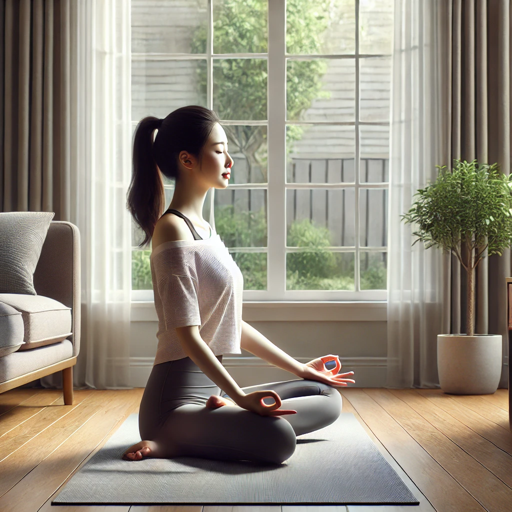 여성이 조용한 거실에서 요가 매트 위에 앉아 명상 자세를 취하고 있는 모습. 부드러운 자연광이 큰 창문을 통해 들어오고 있으며, 방 안은 차분하고 미니멀한 분위기로 꾸며져 있습니다
