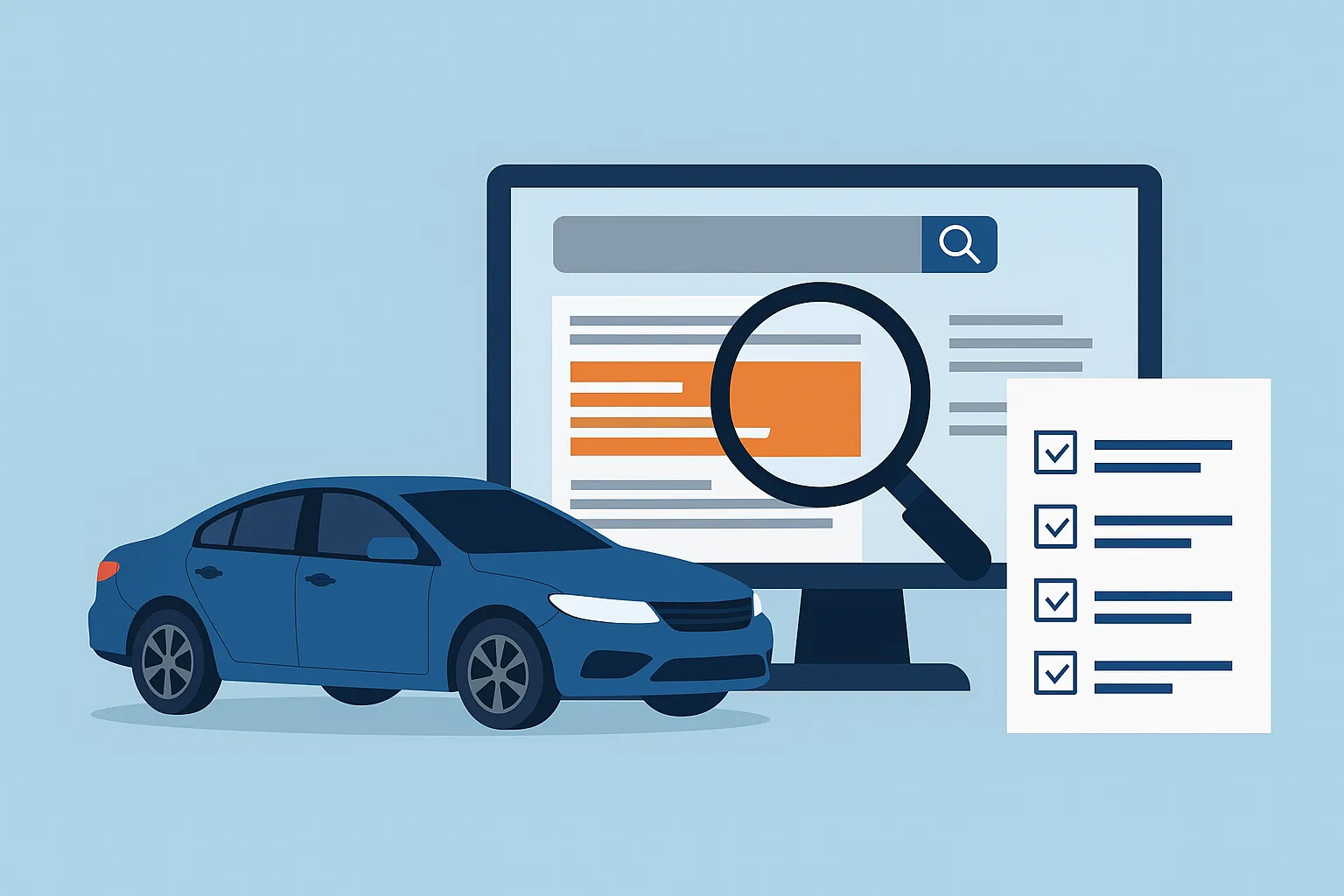 중고차 검색 결과와 체크리스트를 확인하는 장면 일러스트