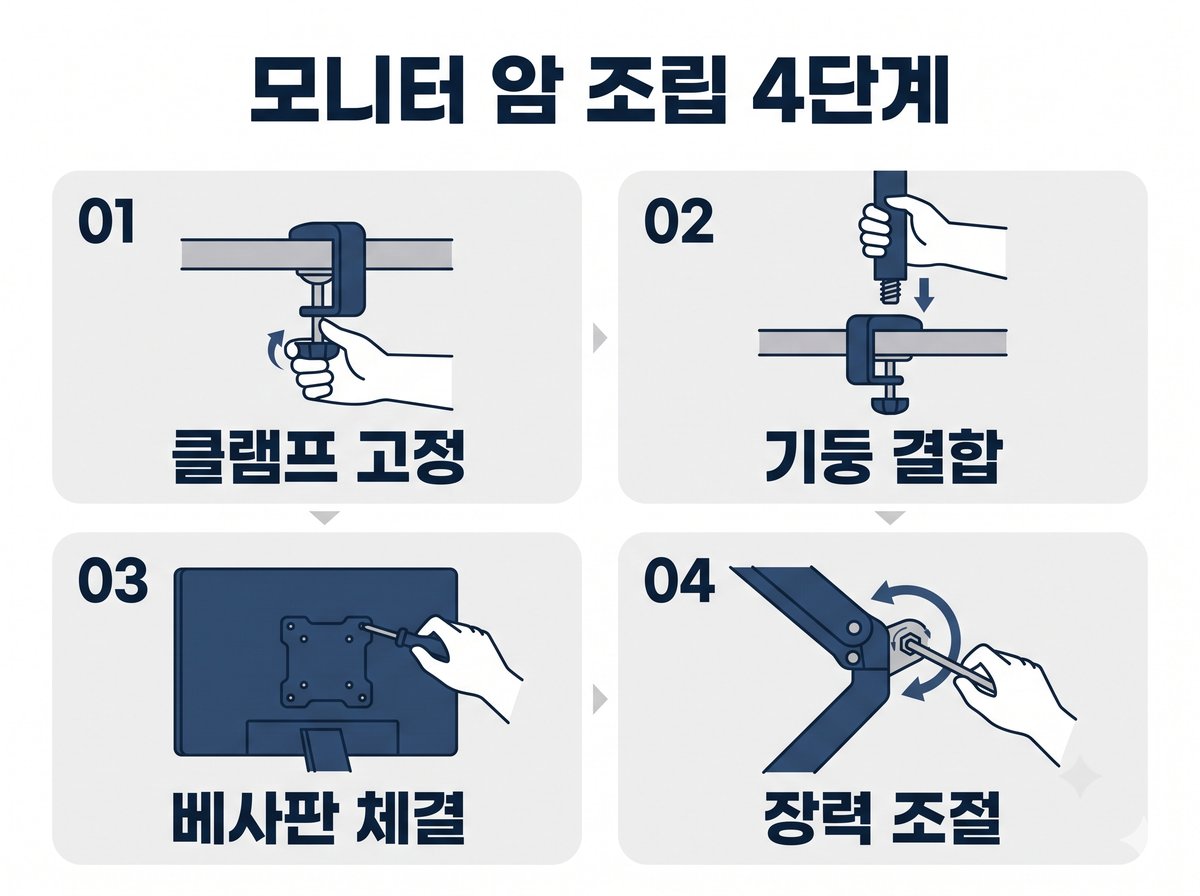 모니터 암 조립 4단계 클램프 고정 기둥 결합 베사판 체결 장력 조절