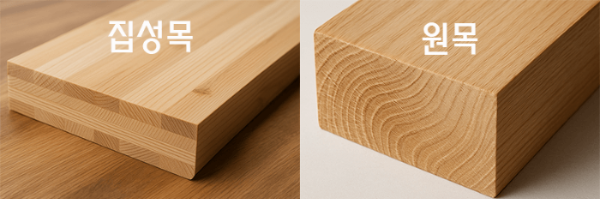 집성목과 원목의 단면 상세 사진