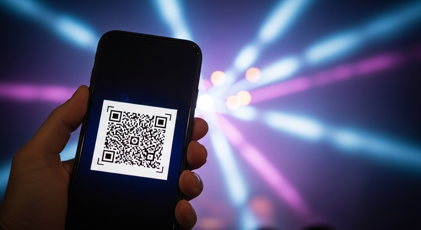 티켓 확인용 바코드가 띄워진 스마트폰과 화려한 공연 조명 이미지