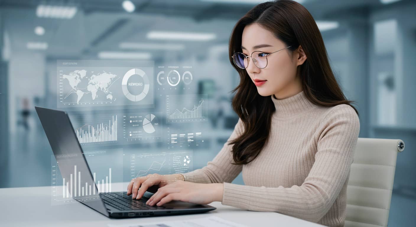 한 여성이 2025년 SEO 트렌드를 분석하며 블로그 최적화 전략을 세우는 전문가의 모습. 검색 순위 상승을 위한 핵심 키워드 연구를 시각적으로 보여줍니다.
