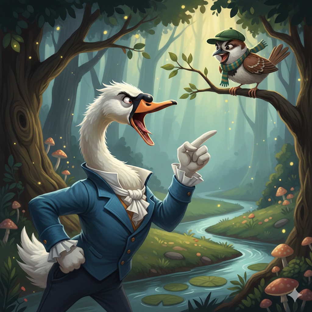 화가 나서 소리를 지르는 참새와 백조