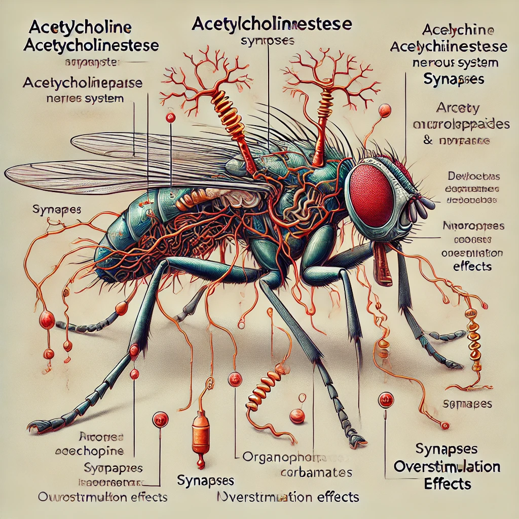 곤충 신경계의 과학적 일러스트레이션으로, 아세틸콜린(Acetylcholine), 아세틸콜린에스테라제(Acetylcholinesterase), 시냅스(Synapse), 신경전달 경로(Neurotransmitter Pathway) 등의 주요 구성 요소가 표시됨. 또한 유기인계(Organophosphates) 및 카바메이트계(Carbamates) 살충제가 신경계에 미치는 영향을 시각적으로 강조하며, 시냅스에서의 신호 차단 및 과흥분 효과를 표현한 생물학적 다이어그램. 곤충 신경 전달 과정 및 살충제 작용 기작을 학습하기 위한 교육용 이미지.