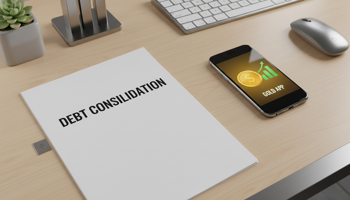 전문적인 채무통합 서류와 소액 금 투자 앱이 켜진 스마트폰이 놓인 재무 상담 책상