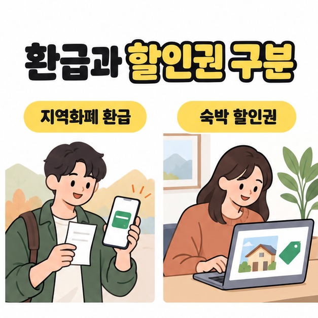 환급과 할인권 구분이라는 문구 아래 영수증과 지역화폐 화면을 확인하는 남성과 숙박 할인권으로 예약하는 여성을 나란히 보여주는 그림