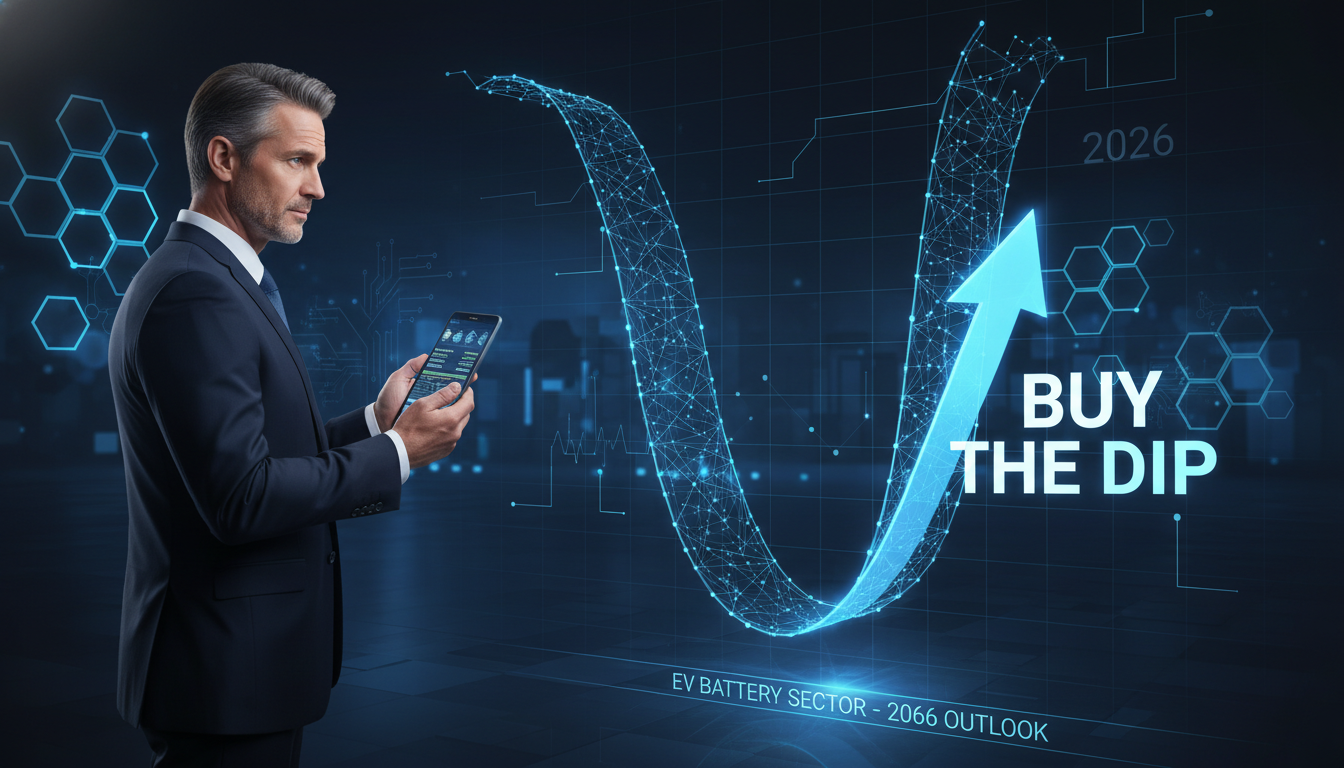 2026년 2차전지 폭락장 속에서 저점 매수 기회를 분석하는 40대 투자자와 상승을 암시하는 주식 차트