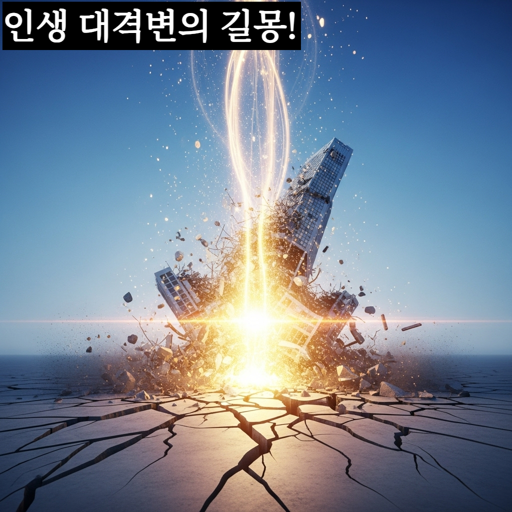 지진으로 갈라진 땅과 무너진 건물 잔해 사이로 눈부신 황금빛 태양 광선이 내리쬐는 희망적이고 시네마틱한 일러스트