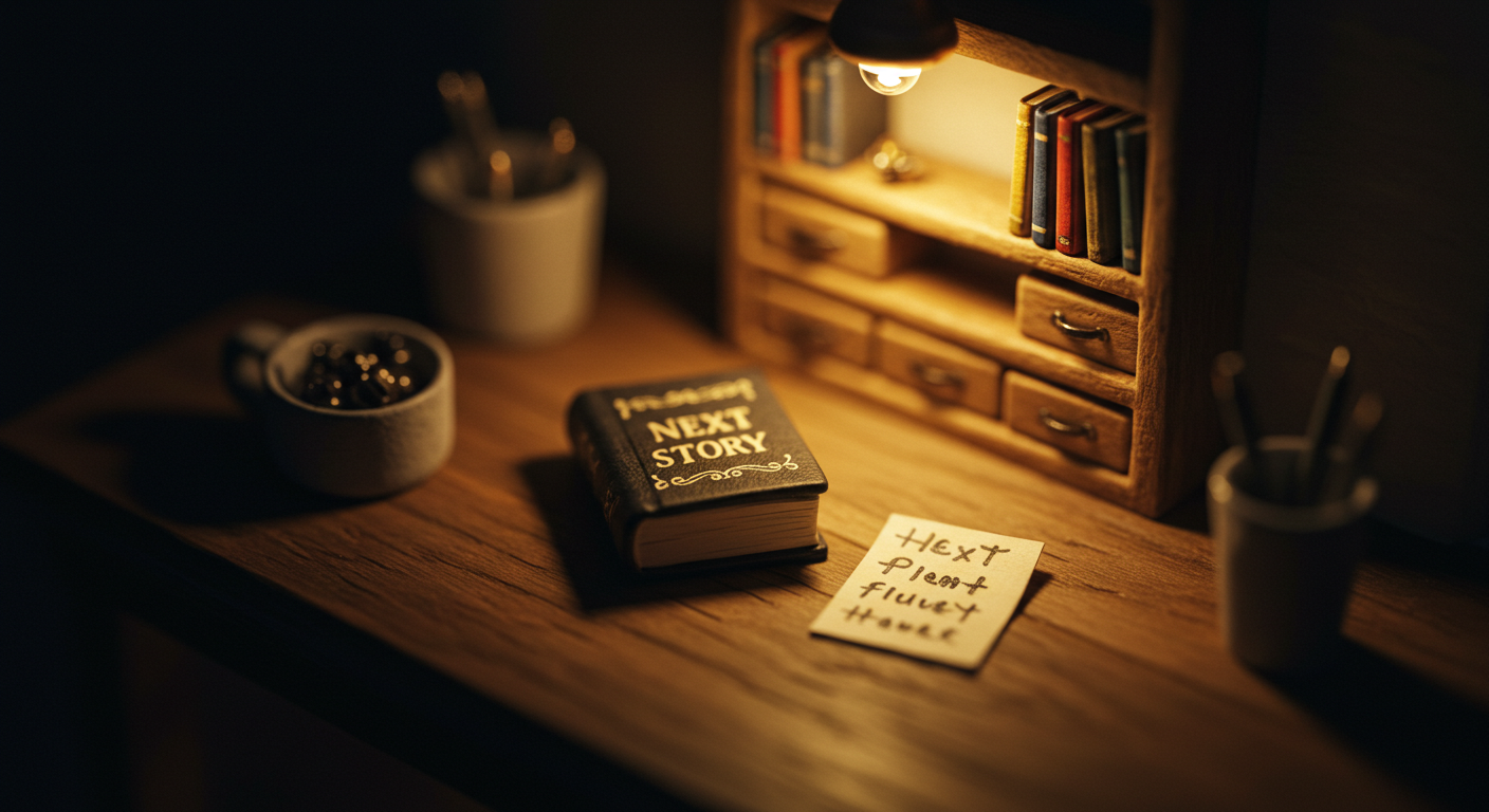 밤의 책상 위에서 미니어처 동화책과 메모를 정리하는 따뜻한 조명의 틸트쉬프트 장면