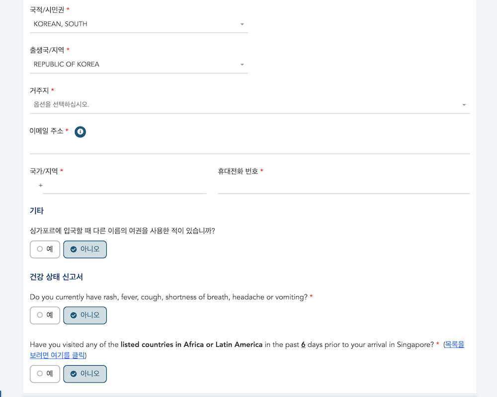 싱가포르 입국신고서 작성법-3