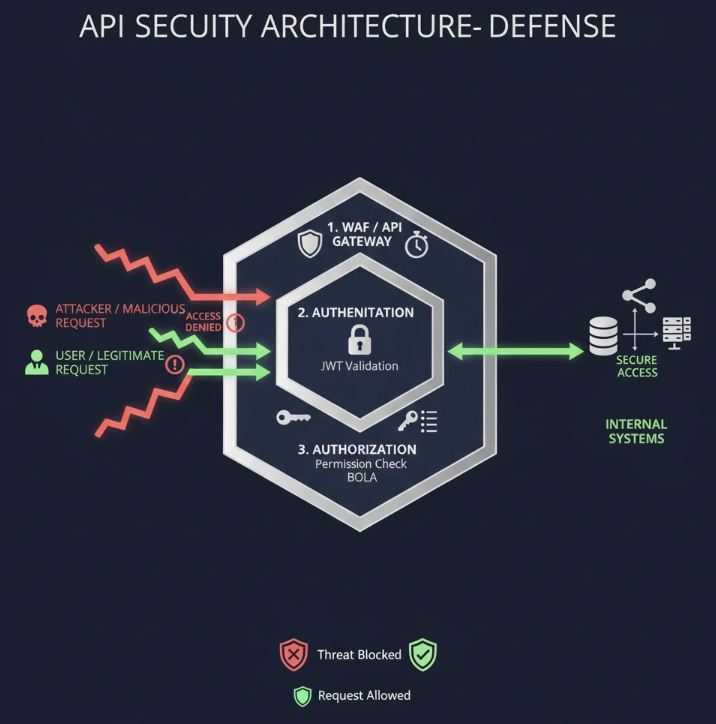외부 위협으로부터 내부 데이터를 보호하기 위해 API Gateway, 인증, 권한 제어 등 다층 방어 체계를 거치는 안전한 API 보안 아키텍처 개념도.