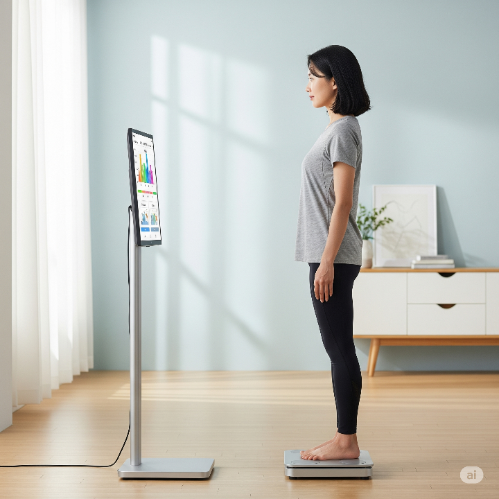 인바디 체중계를 맨발로 측정하는 여성의 모습. 올바른 측정 자세를 보여준다.