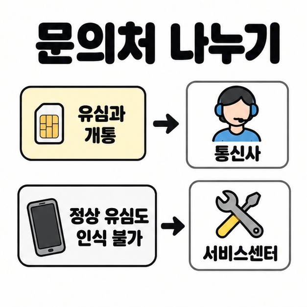 유심과 개통 문제는 통신사로 정상 유심도 인식 불가인 경우는 서비스센터로 연결한 문의처 안내 이미지
