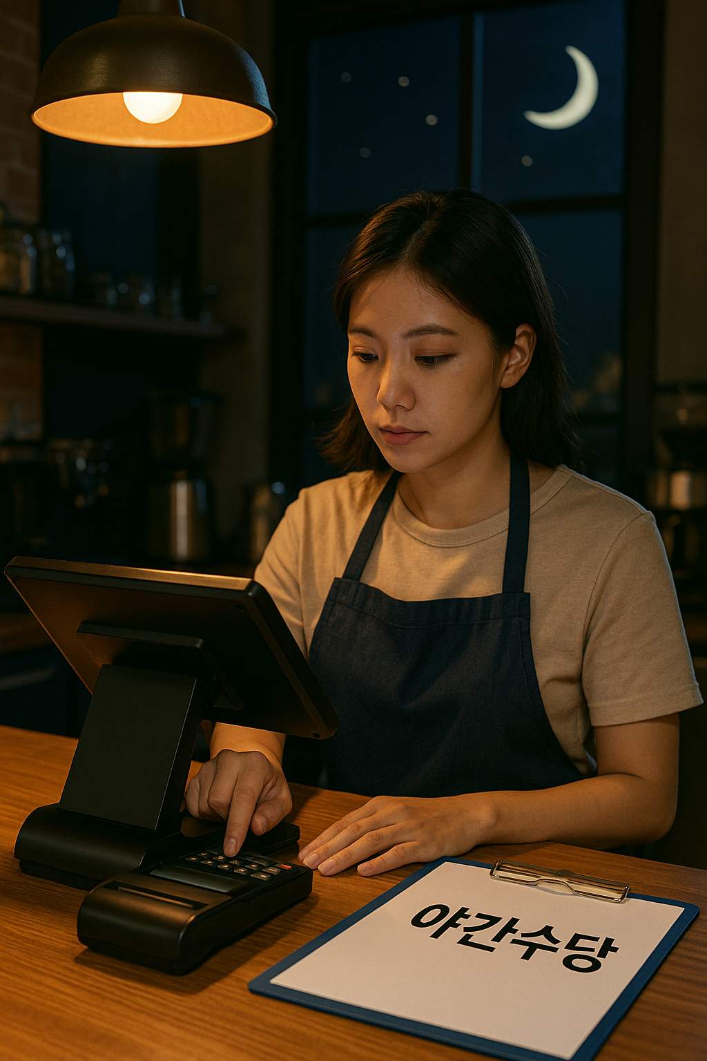 늦은 밤 카페에서 야간수당을 받으며 일하는 바리스타 모습