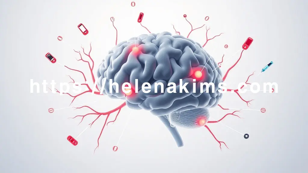 깨끗하고 밝은 배경 중앙에 인체 뇌, 혈관 중 일부가 빨간색(고혈압)과 주황색(당뇨) 등 특정 색상으로 강조되어 좁아지거나 손상된 모습.